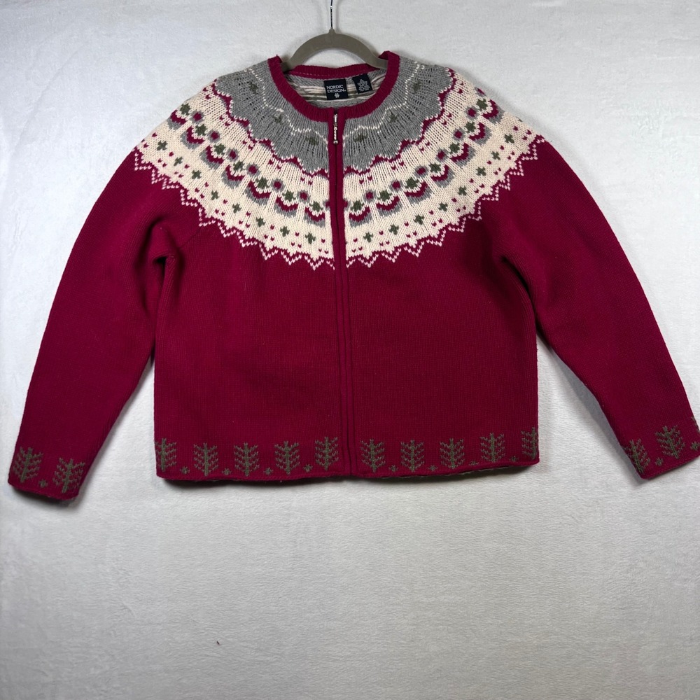 Nordic Design Lambswool Fair Isle Zip Up Cardigan Sweater Red XL Festive
